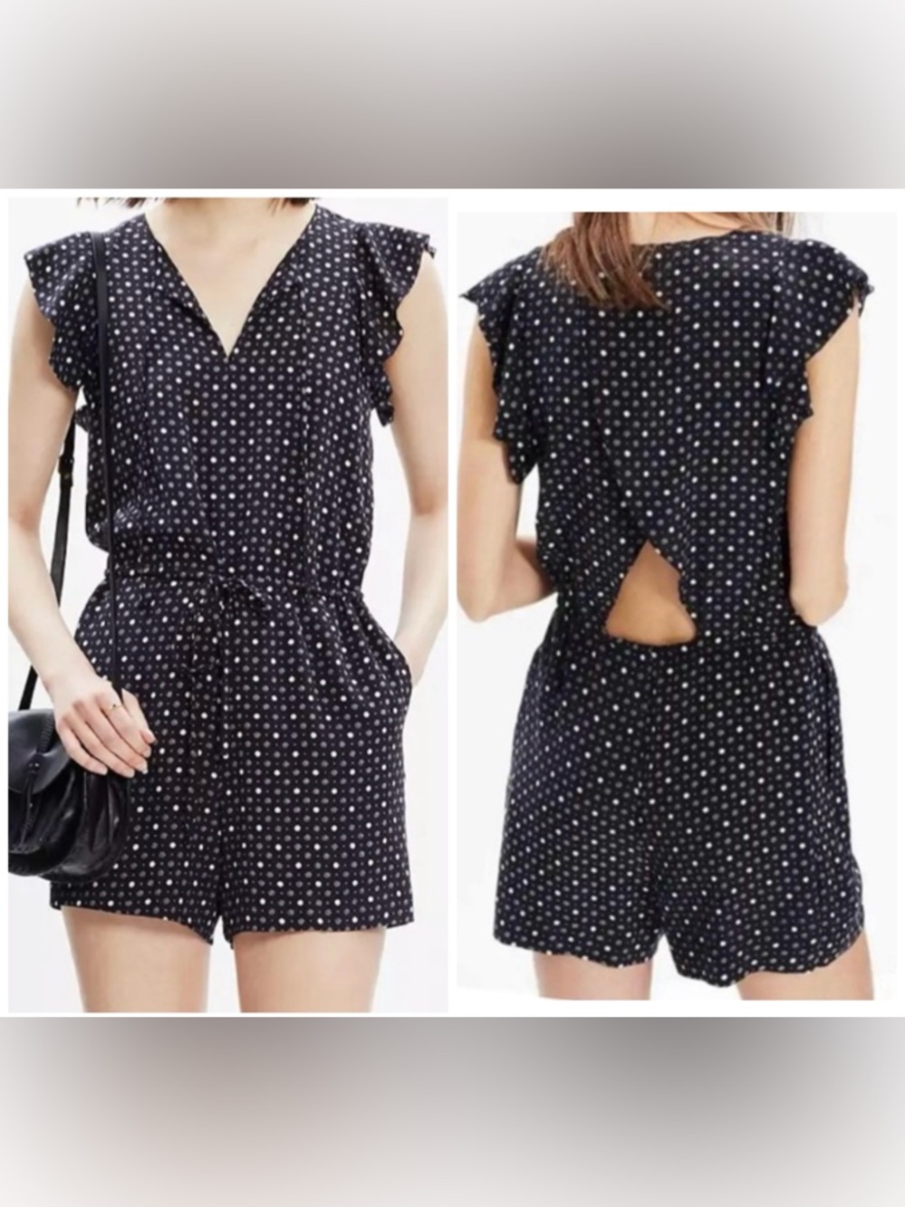 Madewell Petalplay Dotmix Romper white polka dot pattern and flutter sleeves.